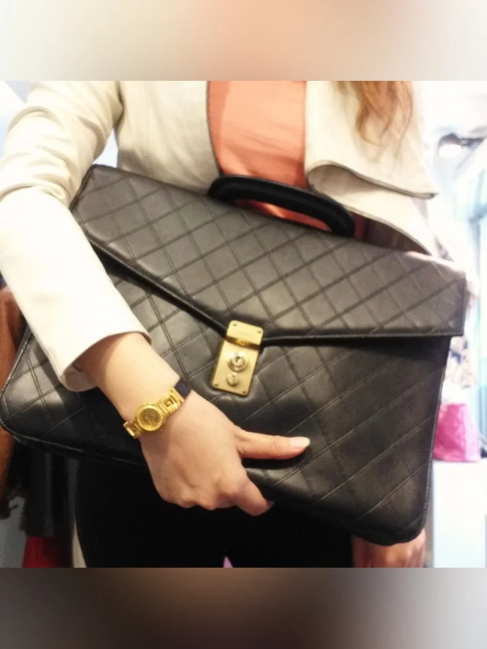 Authentic CHANEL black leather wild stitch vintage unisex briefcase laptop bag